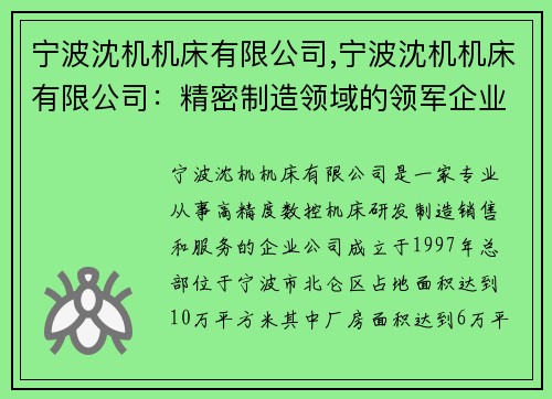 宁波沈机机床有限公司,宁波沈机机床有限公司：精密制造领域的领军企业